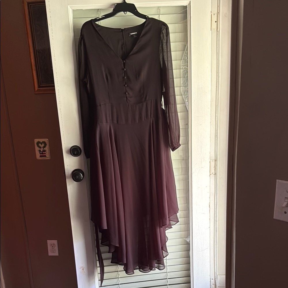Express Purple Asymmetrical Wrap Gown with Bishop Sleeves